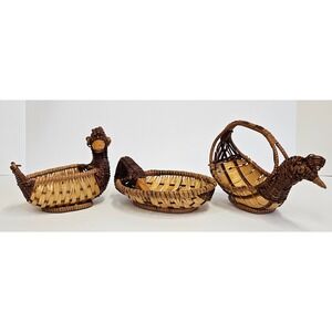 Vintage Set Of 3 Brown & Tan Mini Decorative Baskets Duck, Goose/Swan, & Chicken